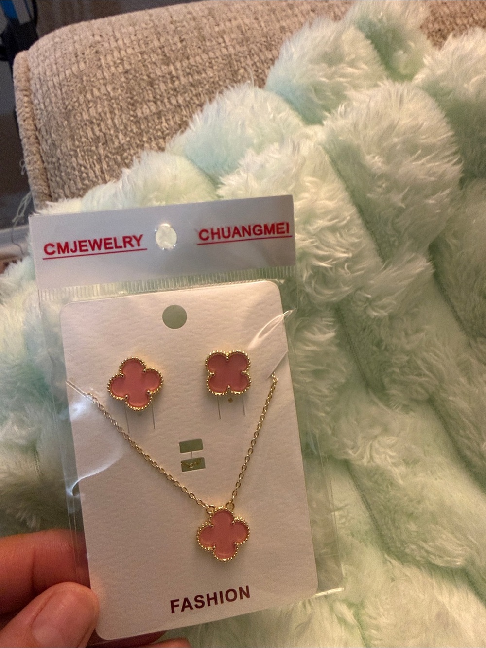 Pink Clover Pendant Necklace and Stud Earring Set